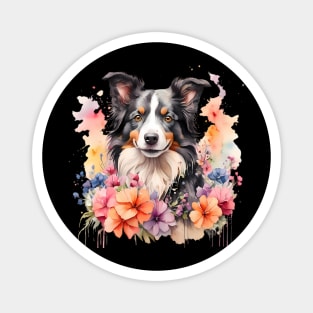 A border collie decorated with beautiful watercolor flowers Magnet